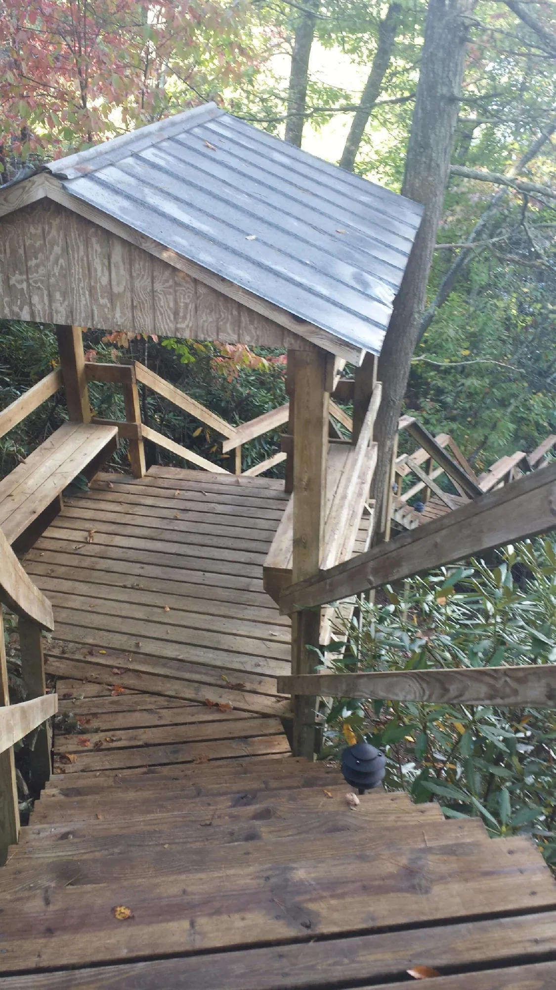 Metal roofed shelter over wooden steps on a wooded walkway — Skylight Repair & Installation work by our crew in Mcville